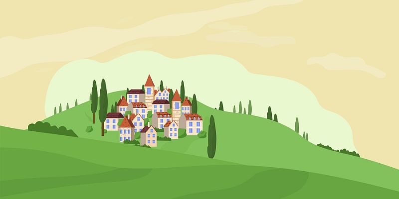 Panoramic Vector Illustration Of Rural Countryside With European